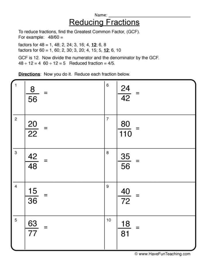 Free Reducing Fractions Worksheets