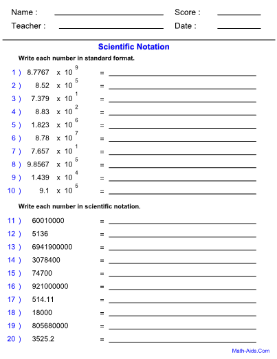 Scientific Notation Worksheet