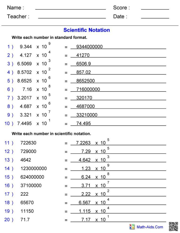 Worksheet On Scientific Notation With Answers