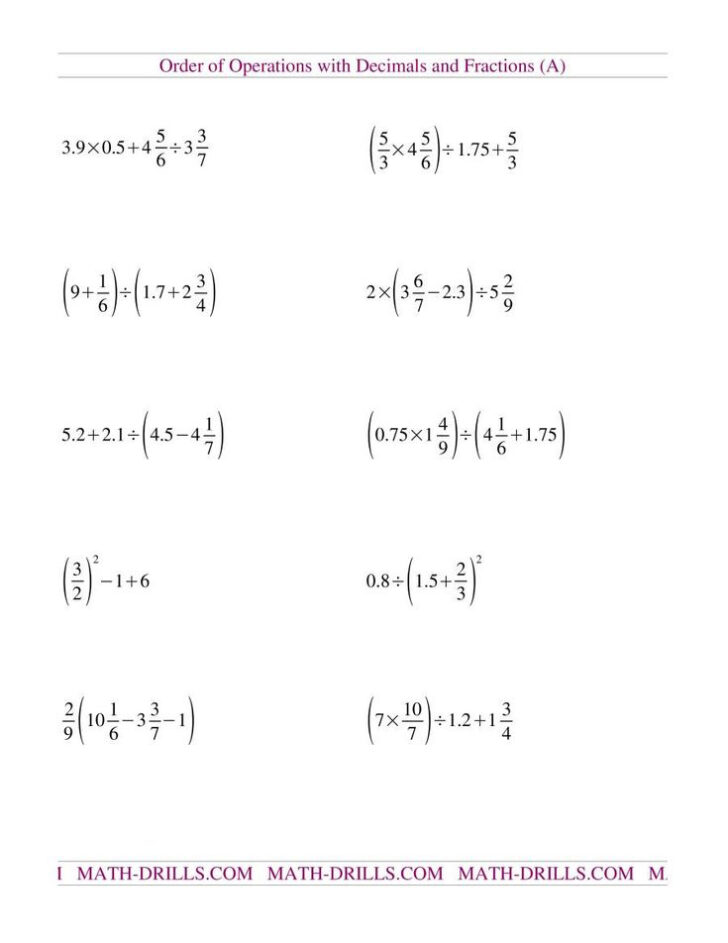 Order Of Operations With Decimals And Fractions Worksheet