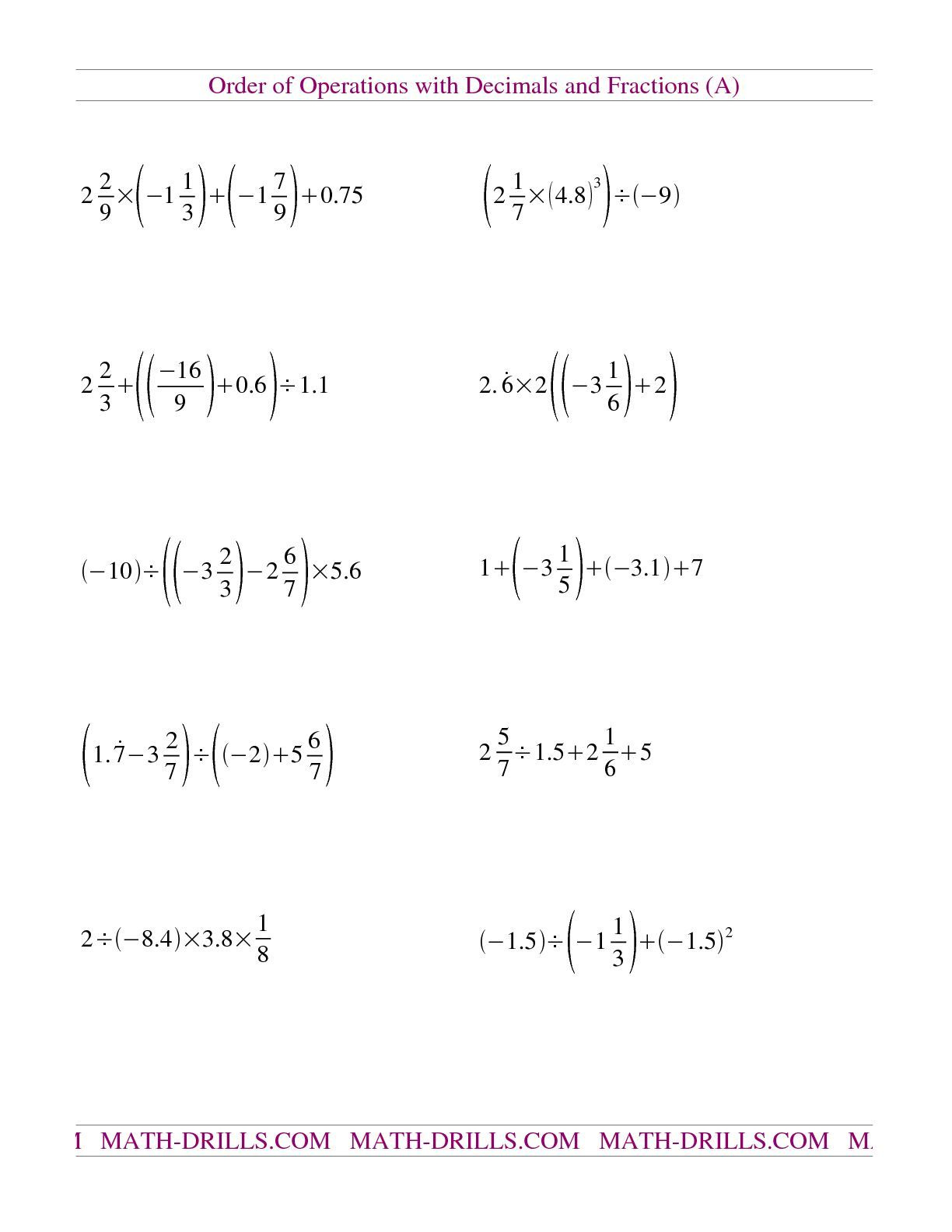 The Decimals And Fractions Mixed With Negatives A Math Worksheet From 