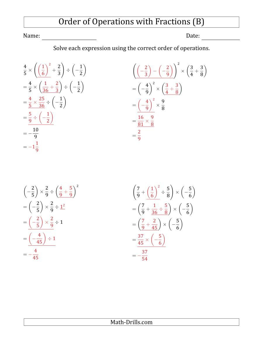The Order Of Operations With Negative And Positive Fractions Four 