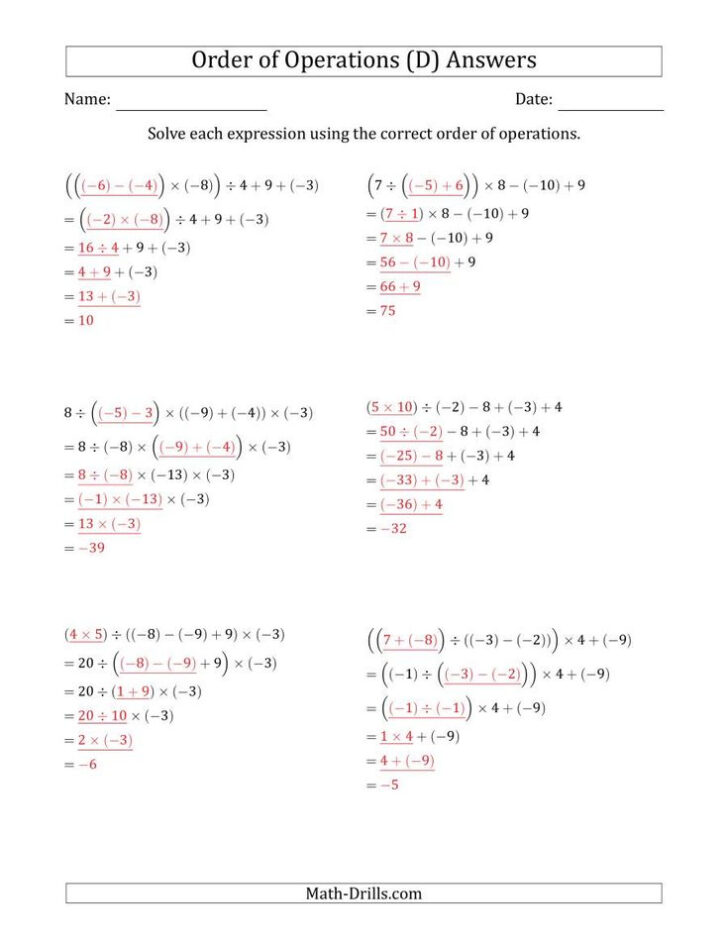 Order Of Operations With Positive And Negative Numbers Worksheets