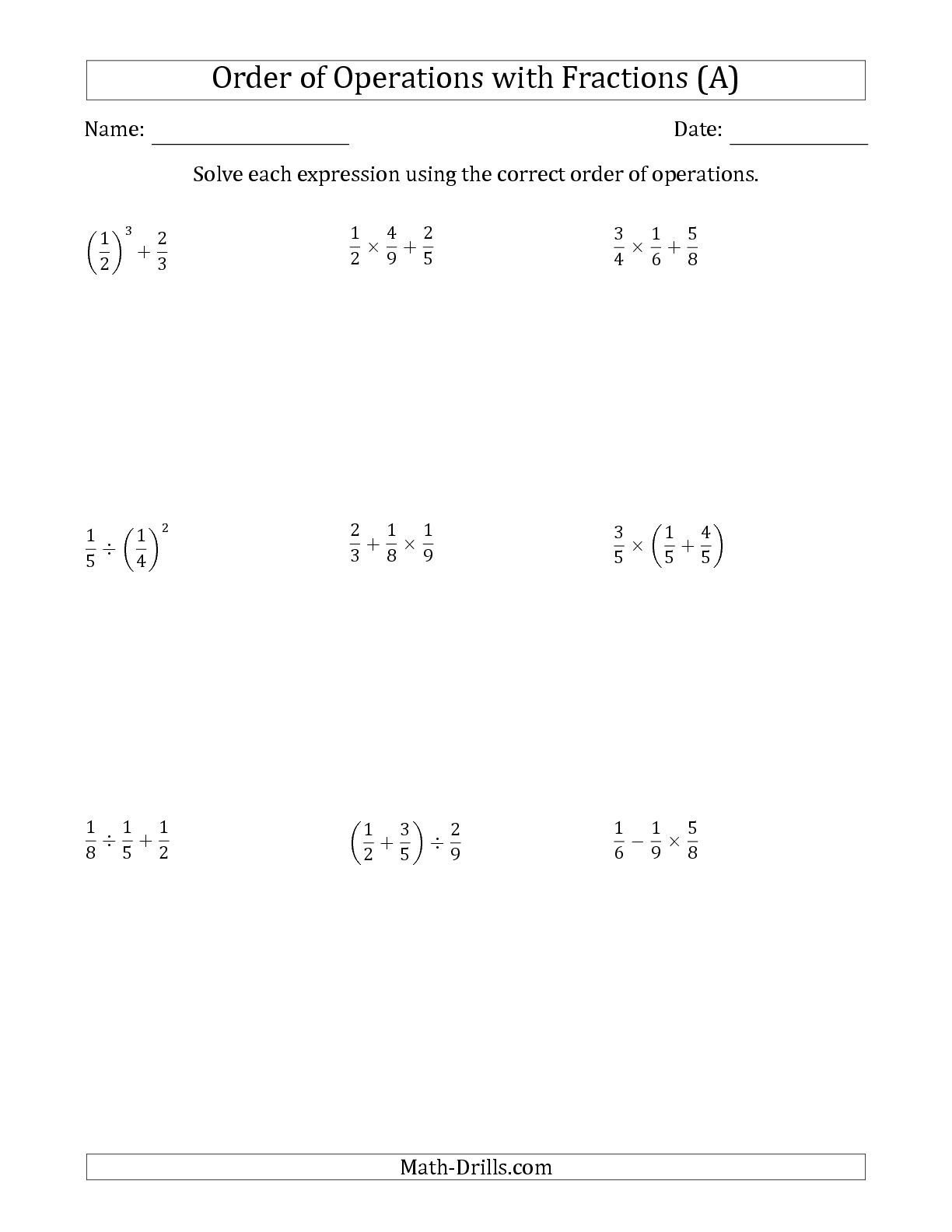 The Order Of Operations With Positive Fractions Two Steps A Math 