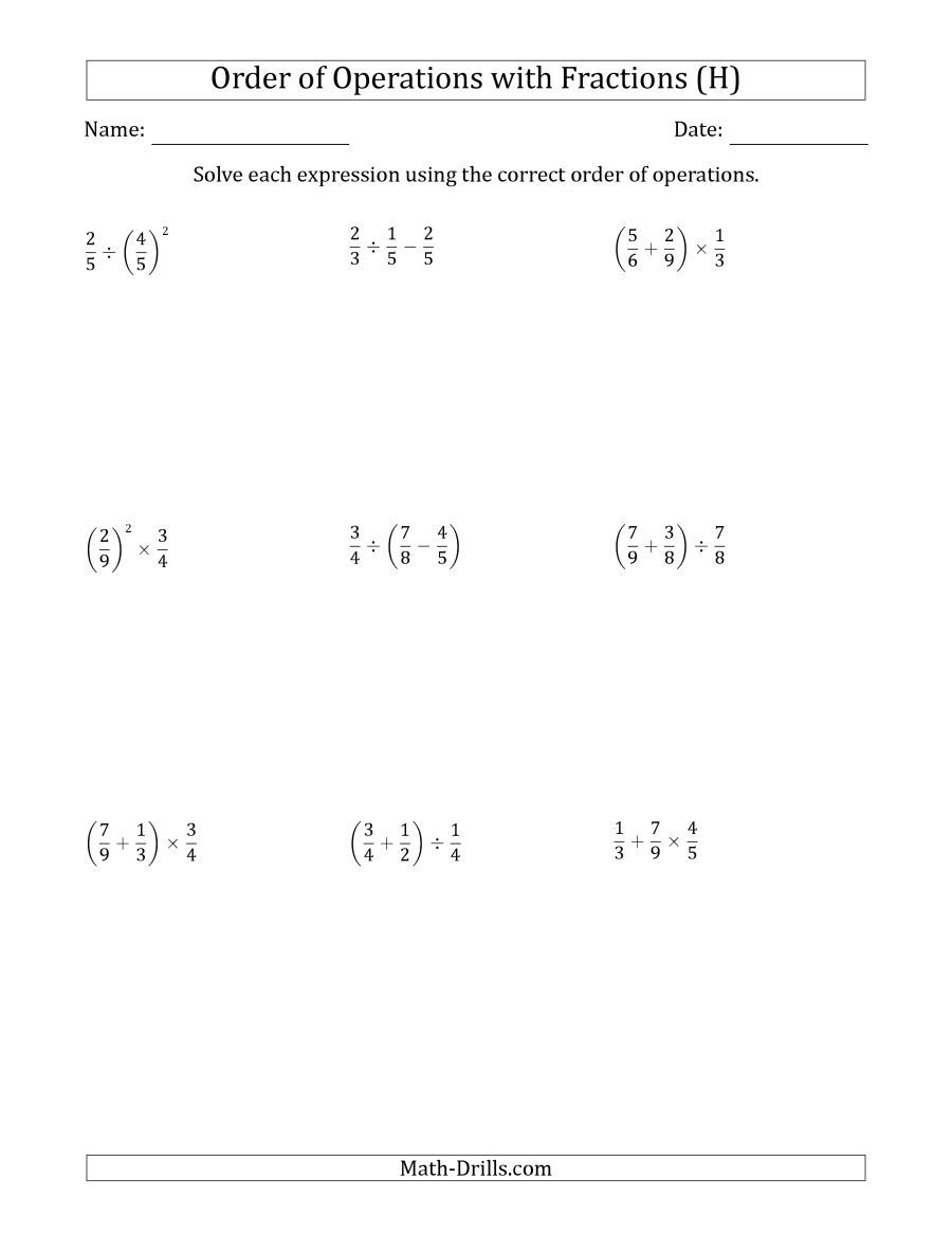 The Order Of Operations With Positive Fractions Two Steps H Math 