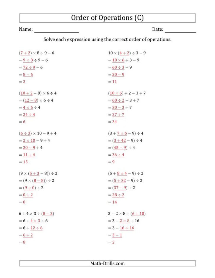 4 Step Order Of Operations Worksheets