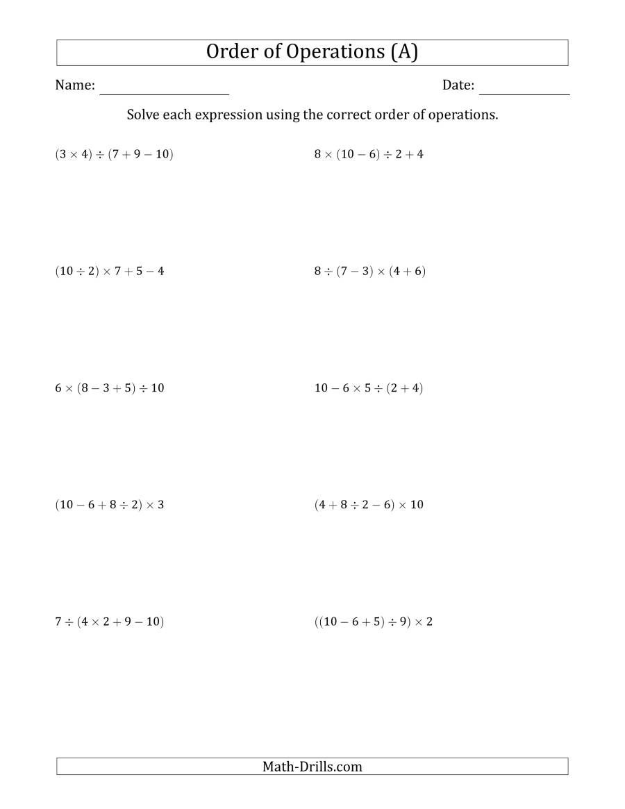 The Order Of Operations With Whole Numbers And No Exponents Four Steps 