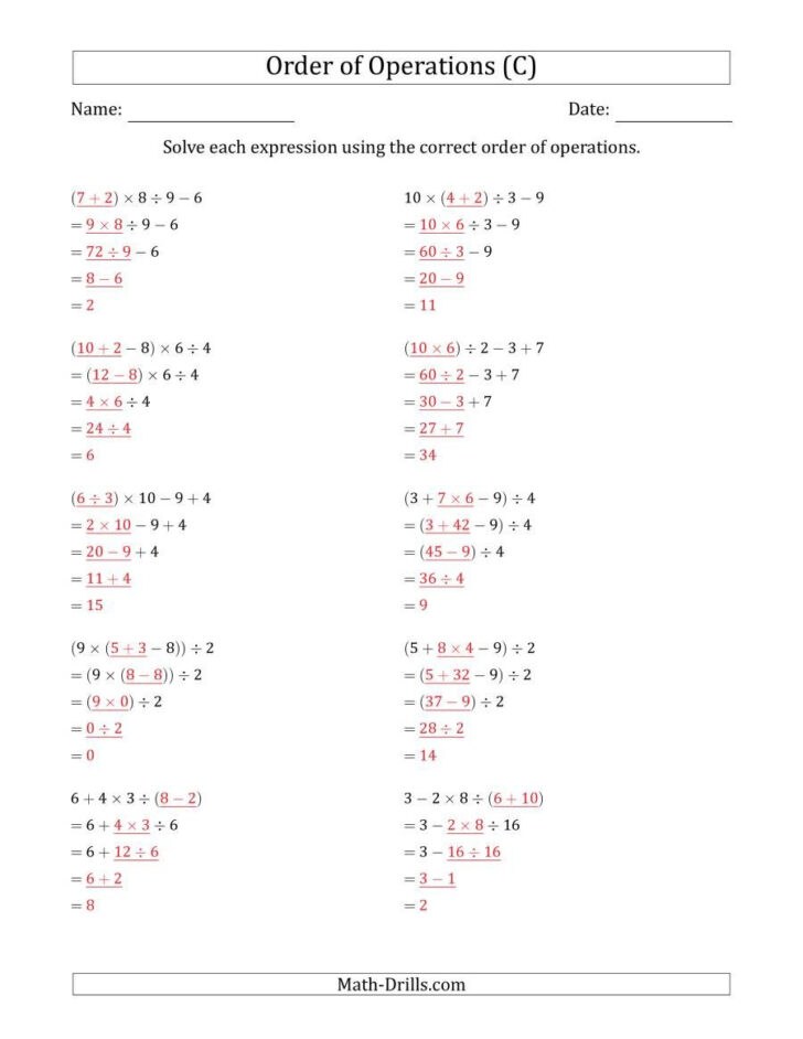 Order Of Operations Expressions Worksheets