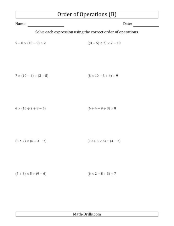 Order Of Operations With Whole Numbers Worksheets
