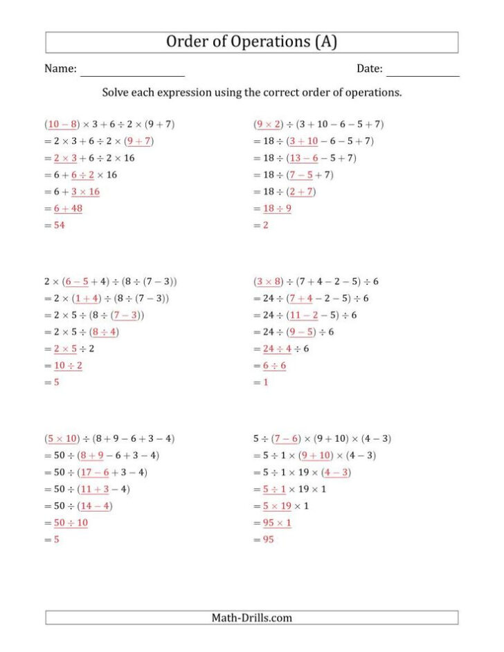 Order Of Operations Worksheet Algebra 2