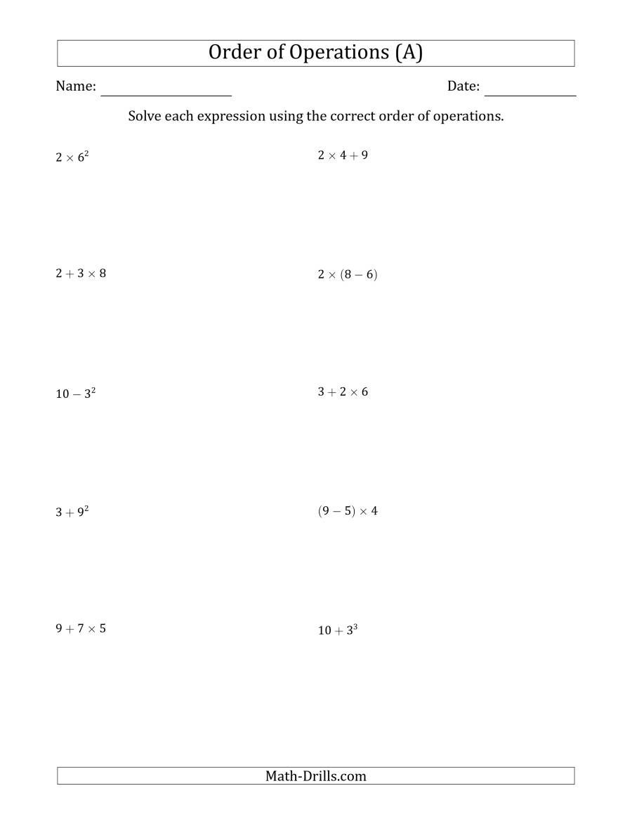The Order Of Operations With Whole Numbers Two Steps A Math 