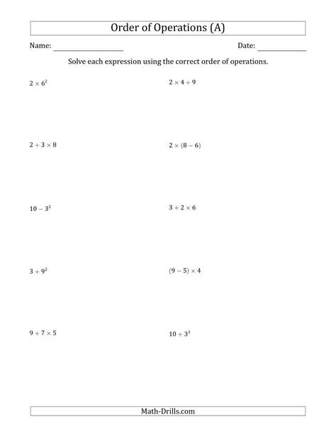 The Order Of Operations With Whole Numbers Two Steps A Math 