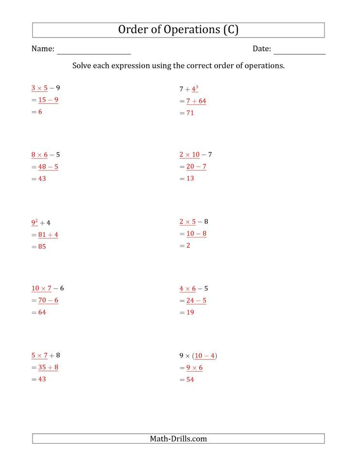 The Order Of Operations With Whole Numbers Two Steps C Math 