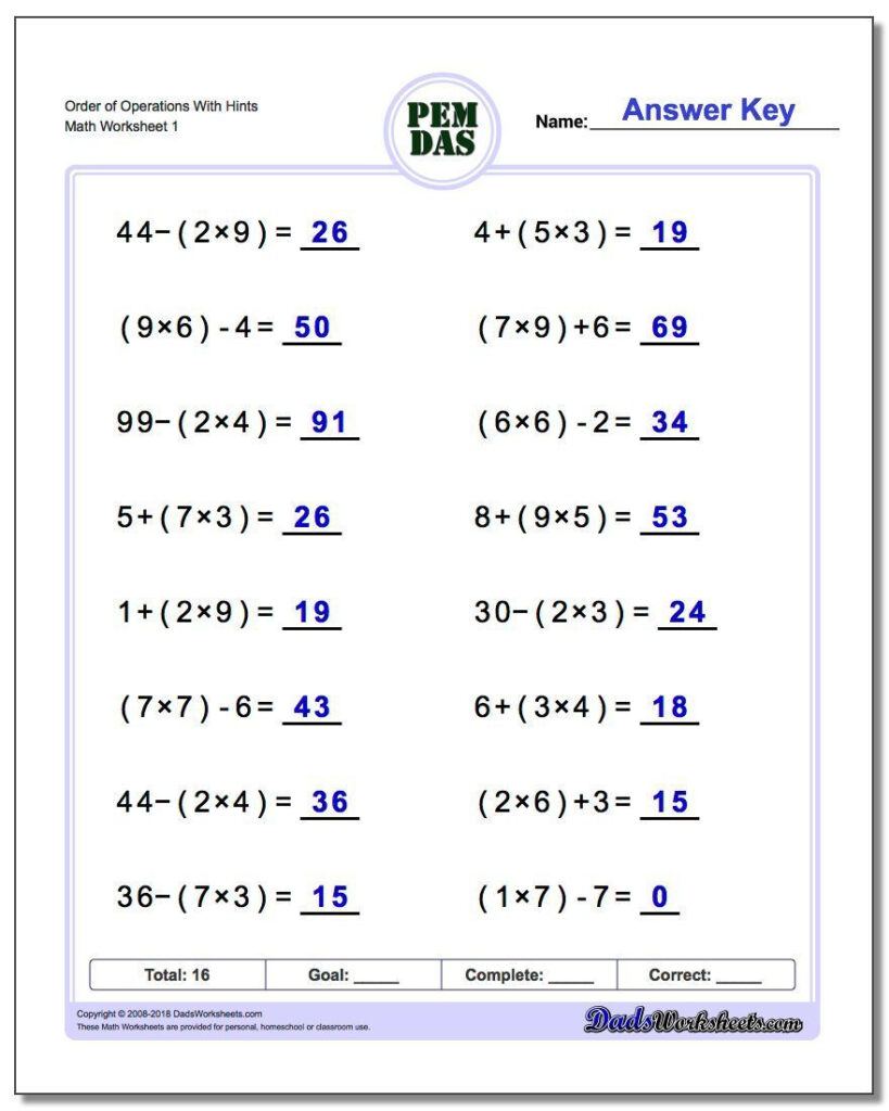 Printable Basic Operations Basic Math Order Of Operations Worksheets | Order of Operation Worksheets