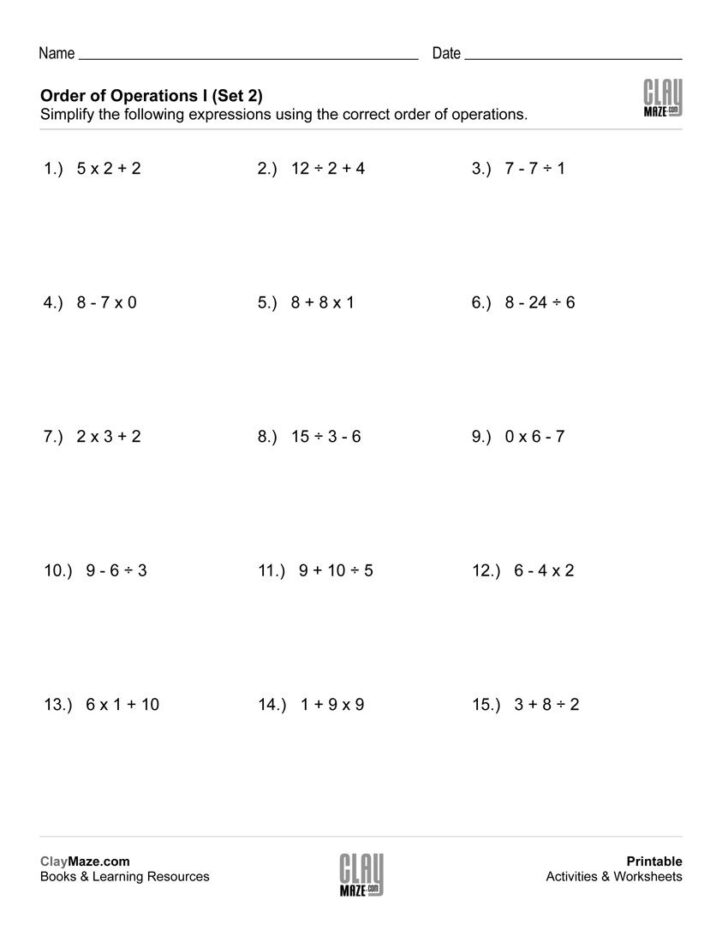 Simplifying Algebraic Expressions Using Order Of Operations Worksheets