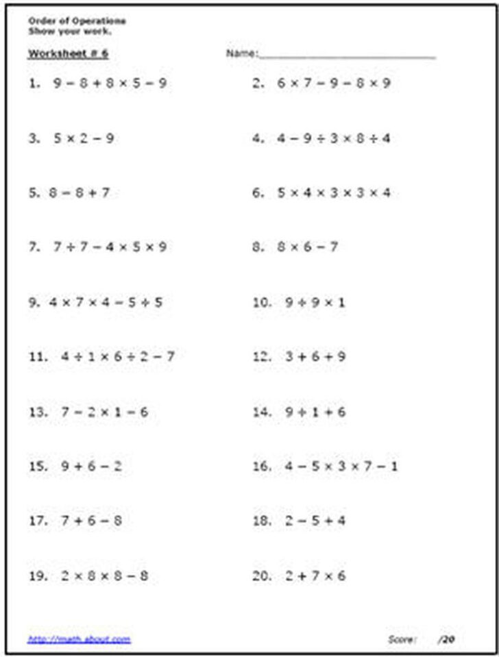Math Skills Transparency Worksheet Order Of Operations Answers