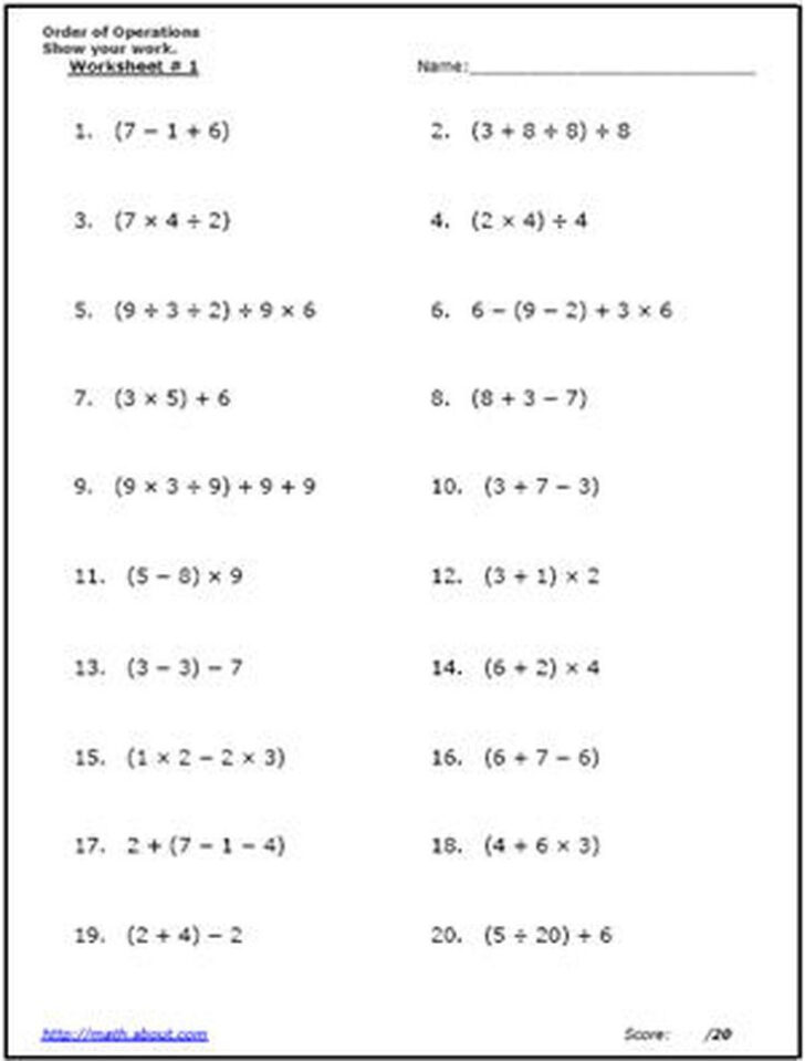 Worksheets On Order Of Operations