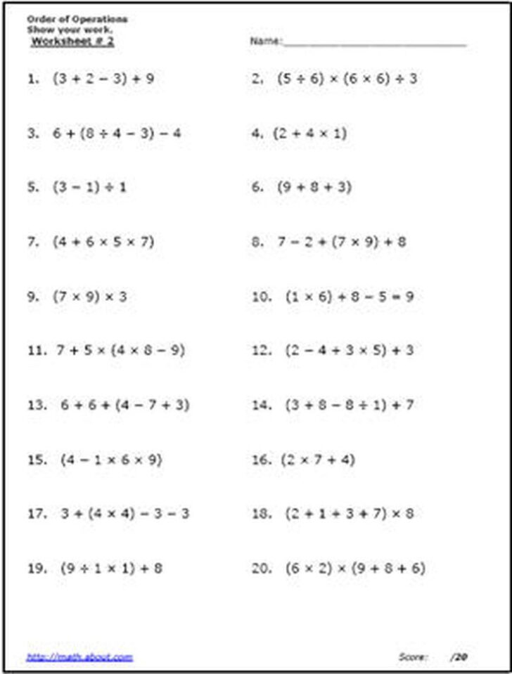Order Of Operations Algebraic Expressions Worksheets