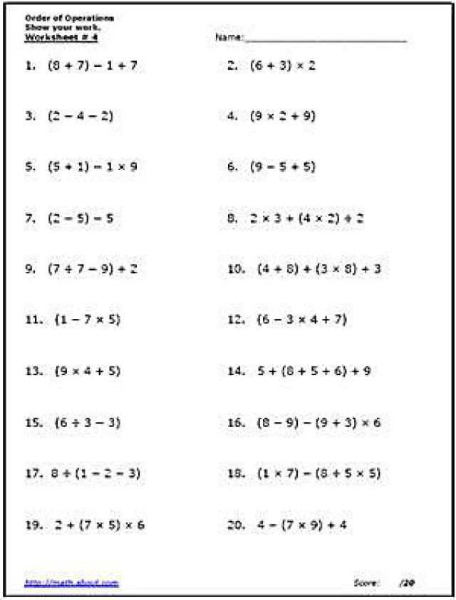 Pre Algebra Order Of Operations Worksheet