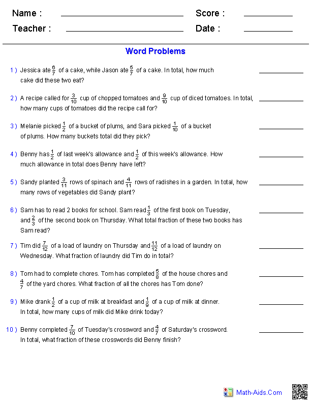 Math Aids Word Problem Worksheets
