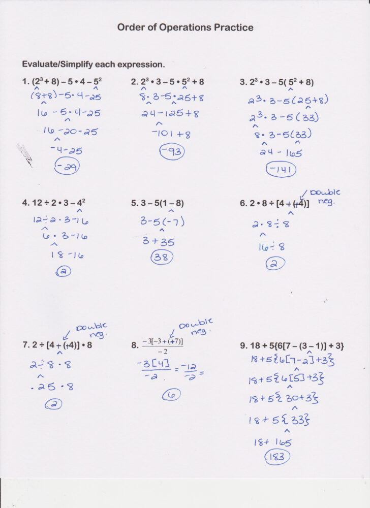 Order Of Operations Algebra 1 Worksheet Answer Key