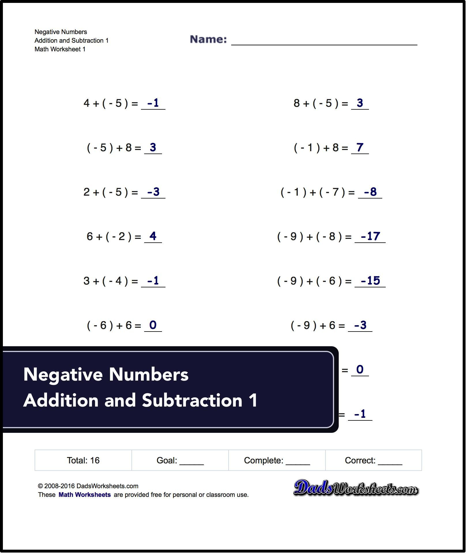 Worksheets With Simple Problems That Introduce Negative Numbers And 