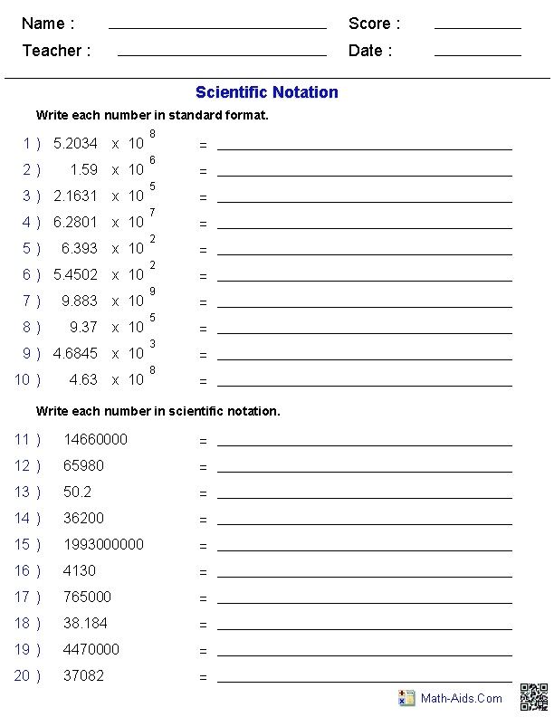 Math Scientific Notation Worksheets